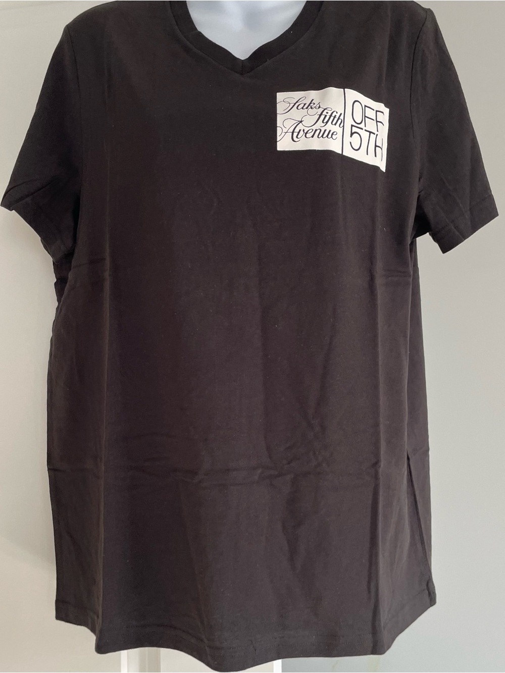 Saks Off Fifth Avenue Black Short Sleeve V-Neck EmployeTee with White Logo Patch